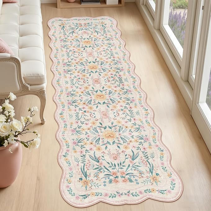 Scalloped Floral Runner Rug 2x6, Pink Washable Non-Slip Boho Hallway Rug, Soft Cute Carpet Runner for Kitchen, Bathroom, Laundry, Entryway or Bedroom