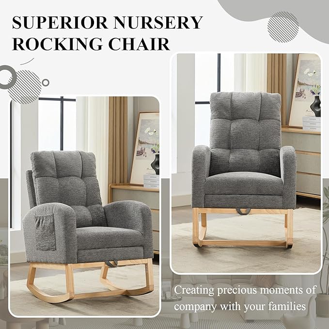 Nursery Rocking Chair, Polyester Upholstered Glider Chair with Footrest, Comfy Rocker Chair, Accent Chair with High Backrest, Glider Rocker, Armchair for Living Room (Gray Linen)