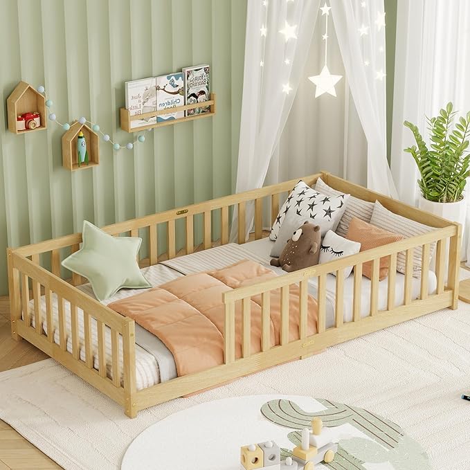 Twin Size Floor Bed for Kids, Wood Montessori Floor Beds with Fence Railings and Slats Support, Twin Playhouse Bed Frame for Boys Girls, No Box Spring Needed, Natural