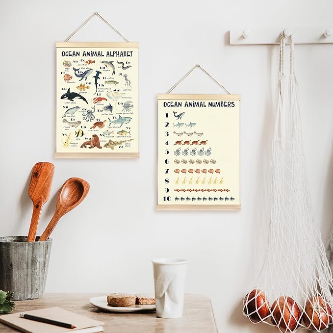CGBHW Ocean Animal Alphabet Numbers Poster Hanger Frame Set of 2, Sea Marine Fish Species Construction Learning Posters Wall Art Hanging Decor for Toddler Boy Kids Room Playroom Nursery, 16x12 Inch