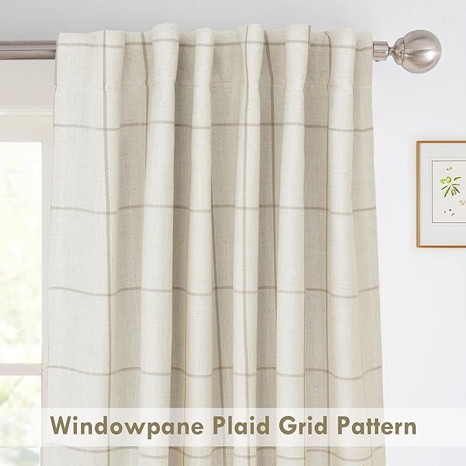DriftAway 2 Panels 100% Blackout Windowpane Plaid Linen Curtains Double Layer Drapes for Bedroom 72 Inches Long Farmhouse Thermal Insulated 3.25 Inch Rod Pocket Back Tab for Living Room Taupe