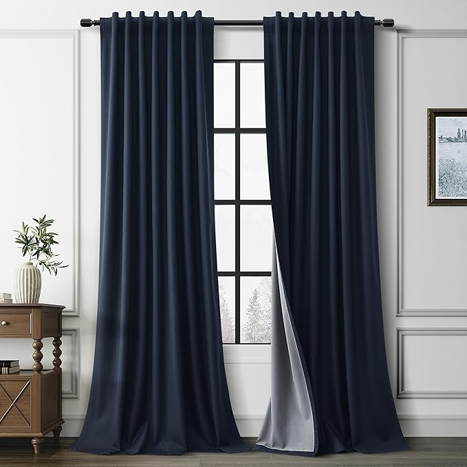Guken Navy Blue Blackout Linen Curtains for Living Room 84 Inches Long 2 Panel Sets Elegant Textured Back Tab Hook Belt Room Darkening Thermal Insulated Soundproof Bedroom Sliding Door 52x84 7Ft