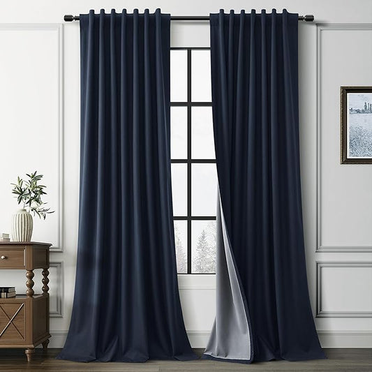 Guken Navy Blue Blackout Linen Curtains for Living Room 84 Inches Long 2 Panel Sets Elegant Textured Back Tab Hook Belt Room Darkening Thermal Insulated Soundproof Bedroom Sliding Door 52x84 7Ft