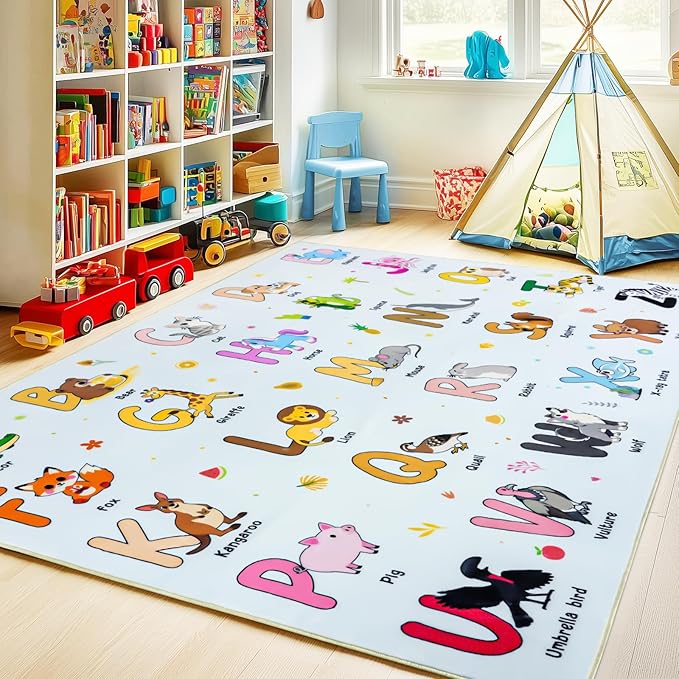 Kids Rugs for Playroom, 4x5 Feet Educational Rug for Learn The ABC Alphabet, Soft Machine Washable Non-Slip Cute Cartoon Animals Carpet for Classroom Toddler Nursery Kids Room Decor, Blue