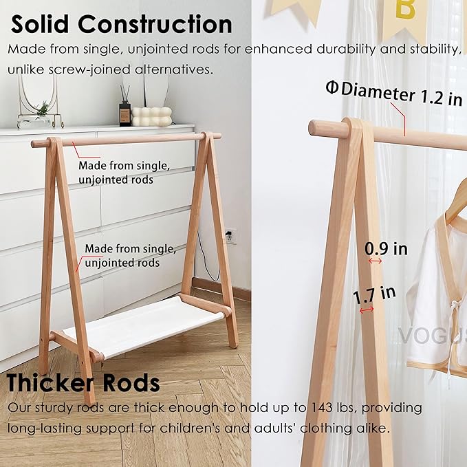 Dress up Rack, Child Garment Rack, Kids Clothing Rack with Storage Shelf (Natural Beech, 38" L x 14.5" W x 40" H)