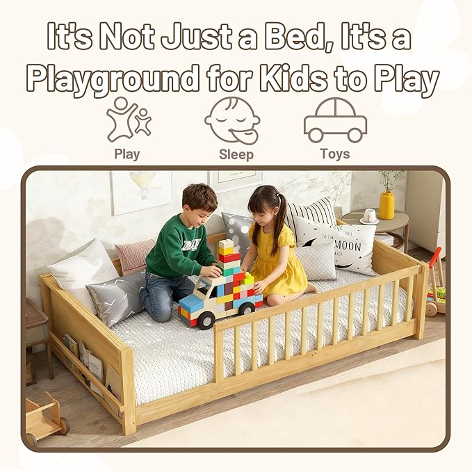 Twin Toddler Floor Bed with High Rails, Wooden Montessori Bed Frame with Built-in Book Rack, Twin Size Bed Frame for Kids, Boys and Girls, Natural