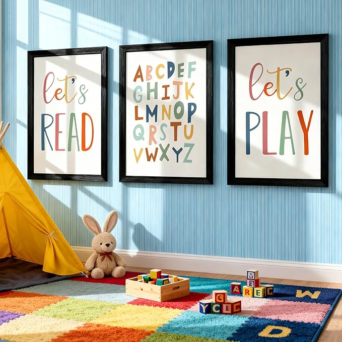 3 PCS Alphabet Framed Playroom Wall Decor,Classroom Must Haves Boho Educational ABC Poster Wooden Sign for Baby Girl Kid Boy Toddlers,Neutral Preschool English Letters Nursery Decor for Homeschool Kindergarten Kids Learning Black