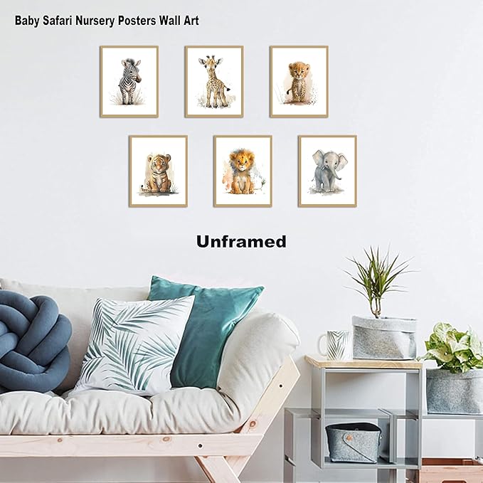 SEHSUVC Safari Nursery Posters Wall Art Set of 9, Cute Animal Canvas Wall Decor Painting, Woodland Jungle Nursery Picture Prints for Baby Boys and Girls Room Nursery Home Decor 8x10In Unframed