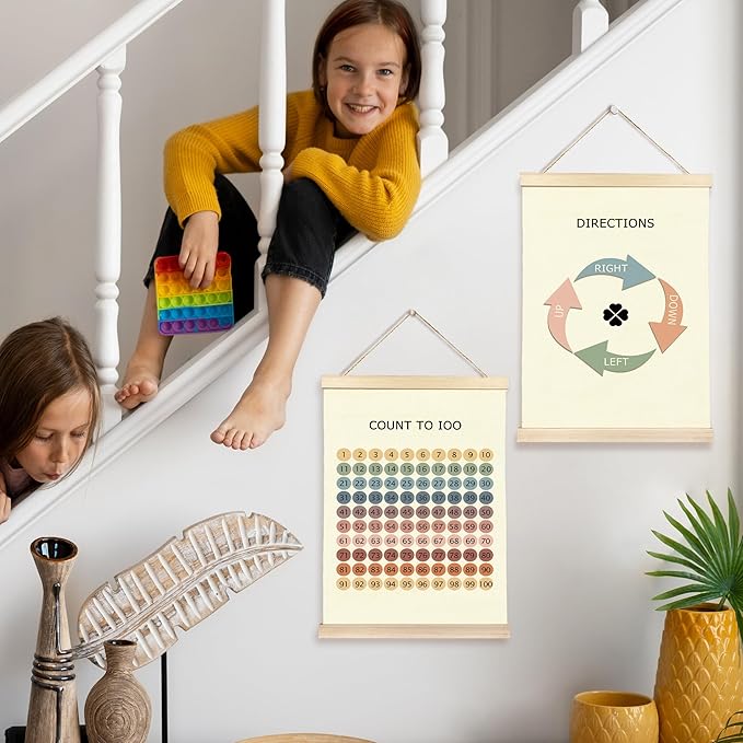 Hiuwevt Boho Classroom Poster Hanger Frame, Number Chart 1-100 and Direction Homeschool Educational Wall Art Decor for Math Classroom Kids Room Nursery Home, 12x16 Inch Set of 2