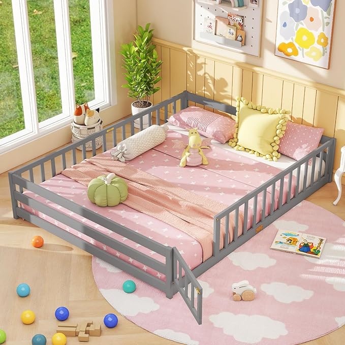 Giantex Queen Floor Bed with Door & Fence, Kids Wood Montessori Beds with Safety Guardrails, Floor Bed Twin for Kids, Boys, Girls, No Box Spring Needed, Grey