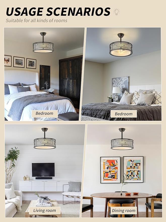 20" Black Fandelier Ceiling Fan with Light, Chandelier Ceiling Fans with Lights Remote Control, Caged with 6 Speeds for Bedroom, Living Room, Nursery