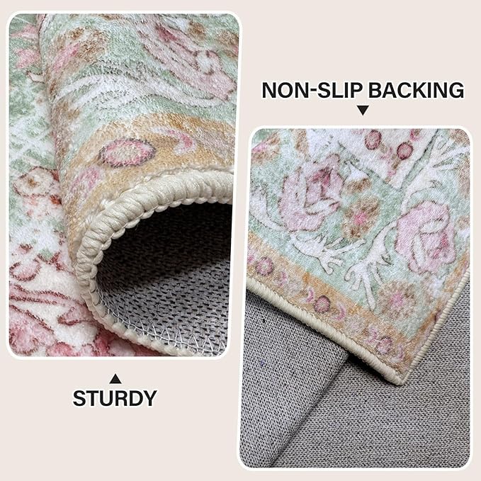 Vhong Boho Area Rugs Vintage Washable Modern Neutral Carpet Green and Pink 8×8 High Traffic Round Rugs for Dinning Room Living Room Bedroom Farmhouse Non Slip