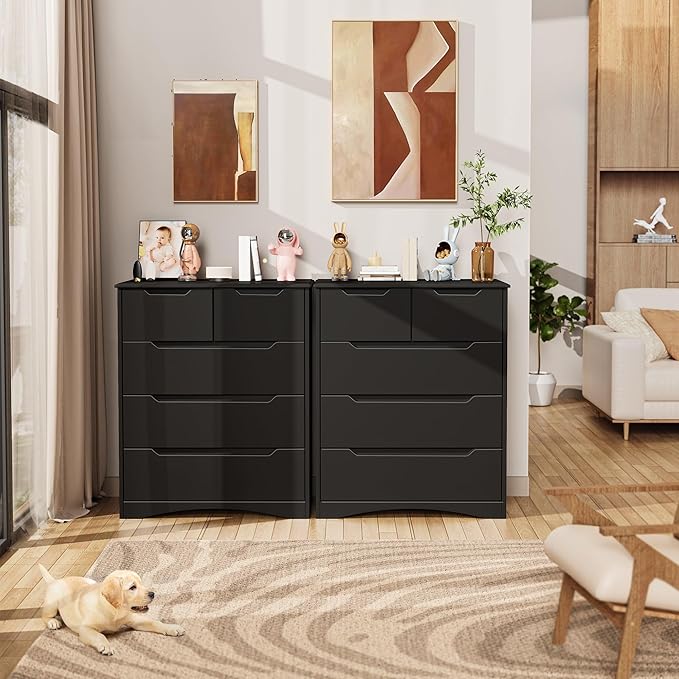 Gizoon 5 Drawers Chest, Black Dresser for Bedroom with Large Storage Capacity, Chest of Drawers with Embedded Handle, Sturdy Anti-Tripping Device for Hallway, Office, Living Room