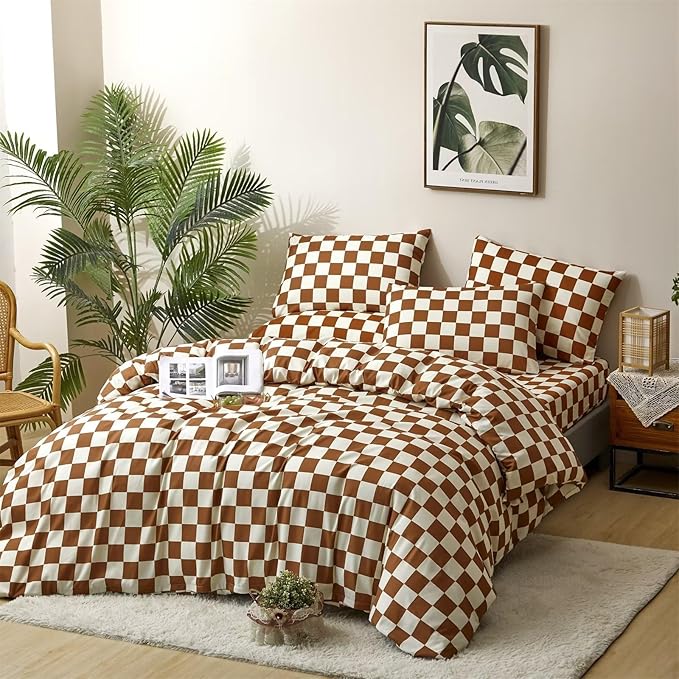 Houseri Pumpkin and White Duvet Cover Queen Brown Buffalo Plaid Bedding Full Checkerboard Duvet Covers Queen Size Men Boys Women Elegant Caramel Brown Bedding Comforter Covers Queen