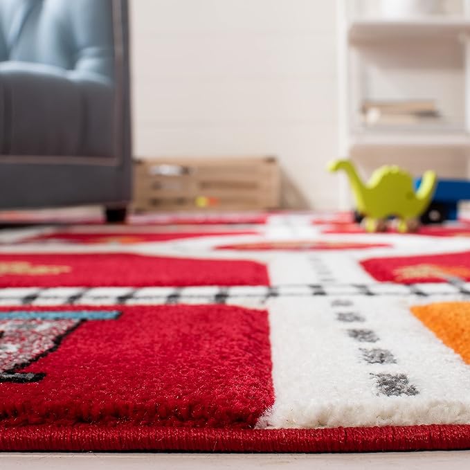 SAFAVIEH Carousel Kids Collection Area Rug - 6'7" x 9', Red & Ivory, Neighborhood Design, Non-Shedding & Easy Care, Ideal for High Traffic Areas for Boys & Girls in Playroom, Bedroom (CRK192Q)