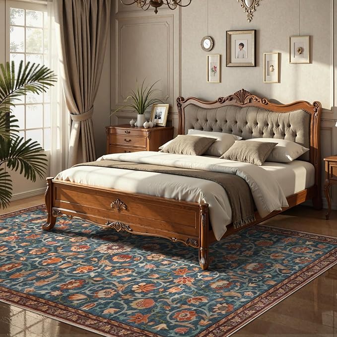 Anidaroel 8x10 Rugs for Living Room, Washable Floral Print Boho Area Rug, Non Slip Soft Large Rugs for Bedroom Stain-Resistant Dining Room Carpet for Home Office Nursery Farmhouse, Blue&Red
