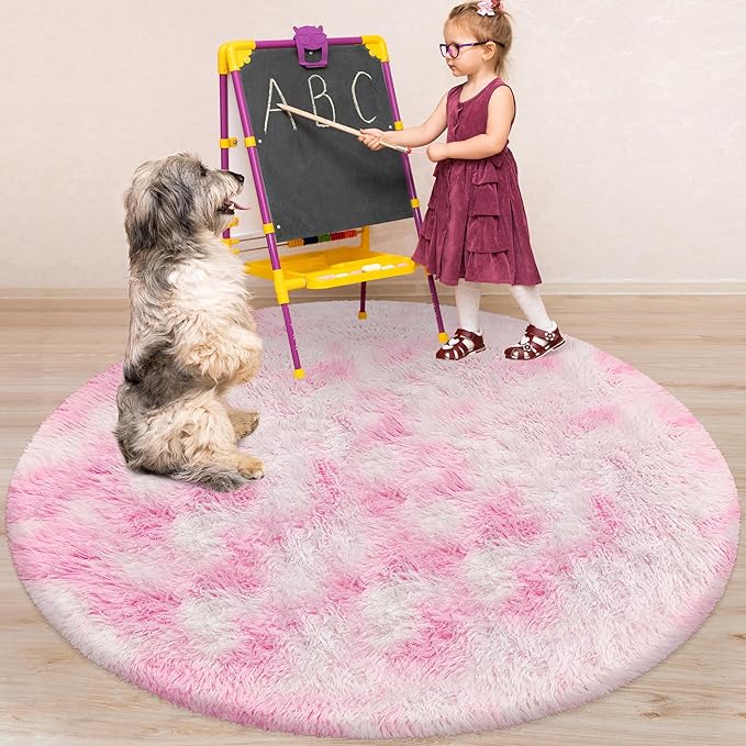 5 ft Pink Fluffy Round Rugs for Girls Bedroom,Plush Circle Area Rugs for Living Room Cute Shaggy Circular Carpet Furry for Dorms Nursery Rooms Kids Unicorn Room Decor Aesthetic Baby Play Mat