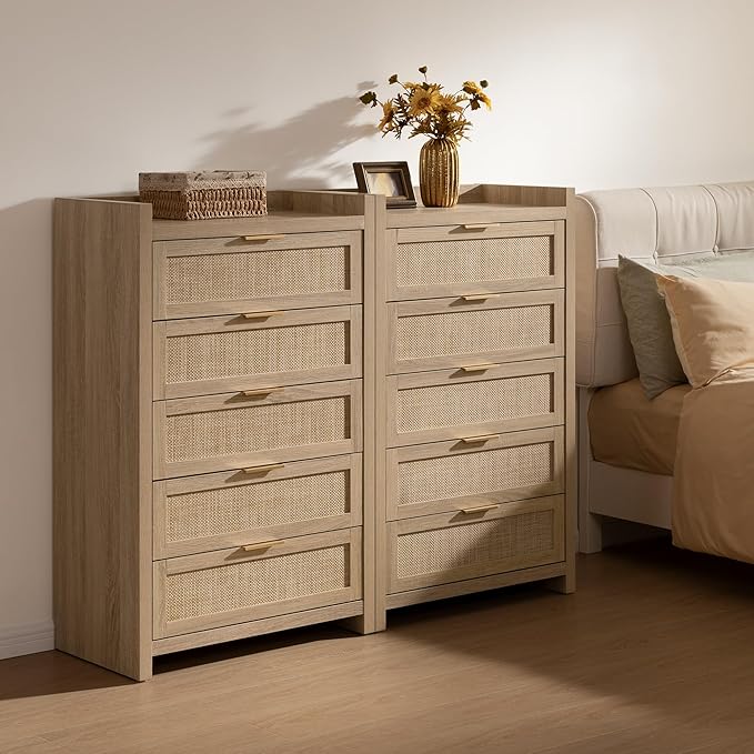 SICOTAS Dresser for Bedroom Chest of Drawers 46" Tall Dresser for Closet with 5 Rattan Drawers Boho Nightstands Set of 3 Large Clothes Storage Cabinet TV Stand for Living Room Hallway Nursery Entryway