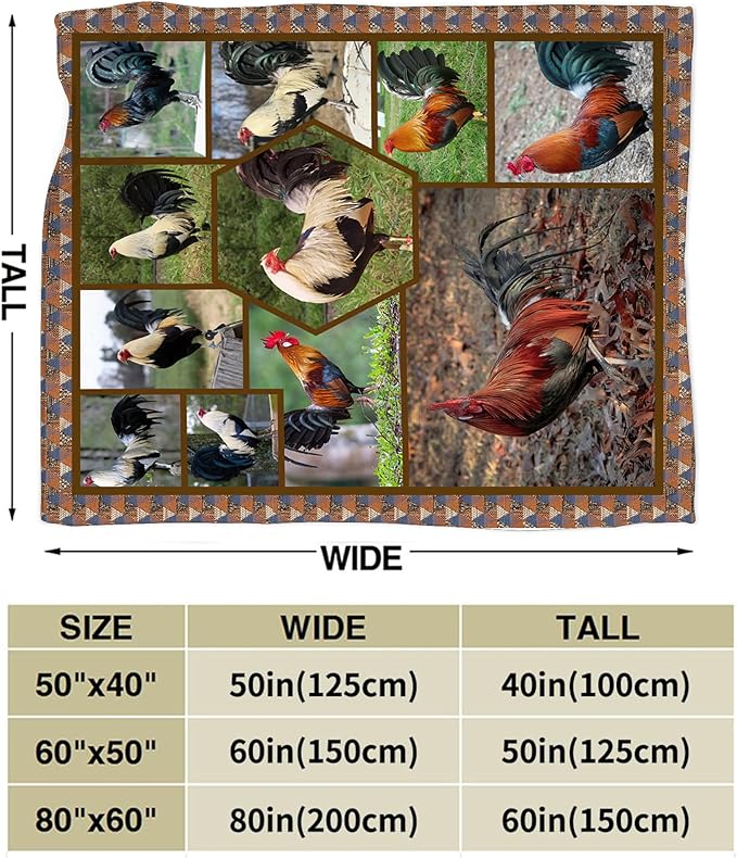Rooster Chicken Blanket Throw for Girls, Women, Kids, Adults - Soft Warm Cozy Fleece Blanket for Couch, Sofa, Bed - 50"x40"