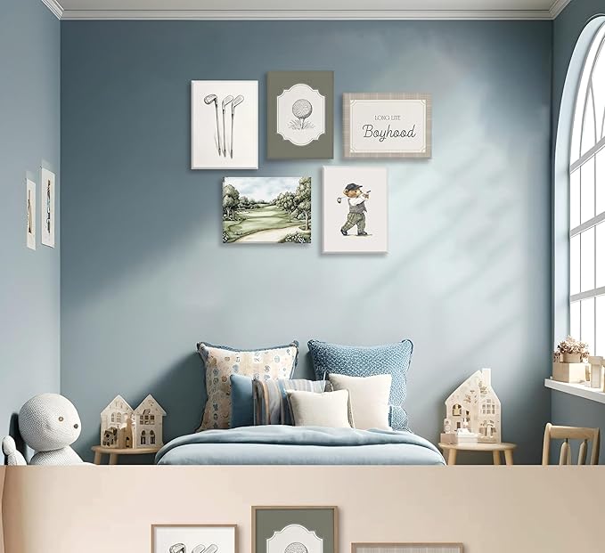 Vintage Nursery Wall Art Kids Room Canvas Wall Decor Animal Pictures Cute Duck and Woodland Bear Posters Neutral Floral and Sailboat Painting Print Artwork for Baby Boy Girl Room Playroom, Framed
