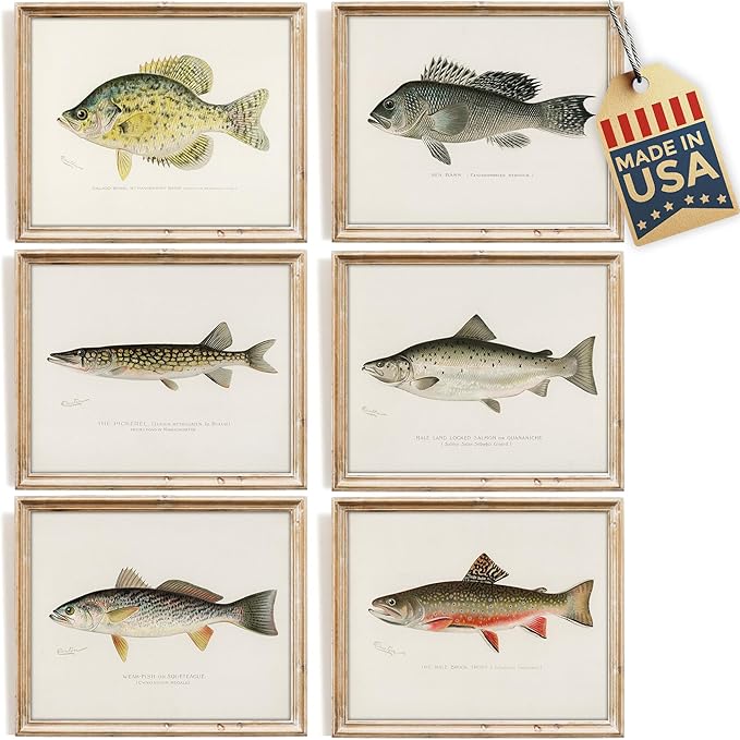 DREAM BIG PRINTABLES Vintage Fishing Decor (Set of 6) - Unframed - 11x14s | Fish Wall Art Prints | Great Gift for Fishermen