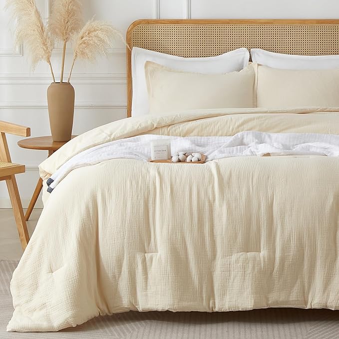 Muslin Comforter Set King Size, Cotton Cover & Polyester Filling, Breathable & Linen Like & Suitable for All-Season Use,3 Pieces(1 Comforter 104"x90", 2 Pillow Shams 20"x36"), Off White