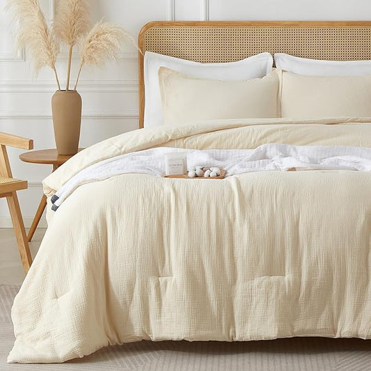 Muslin Comforter Set Queen Size, Cotton Cover & Polyester Filling, Breathable & Linen Like & Suitable for All-Season Use,3 Pieces(1 Comforter 90"x90", 2 Pillow Shams 20"x26"), Off White