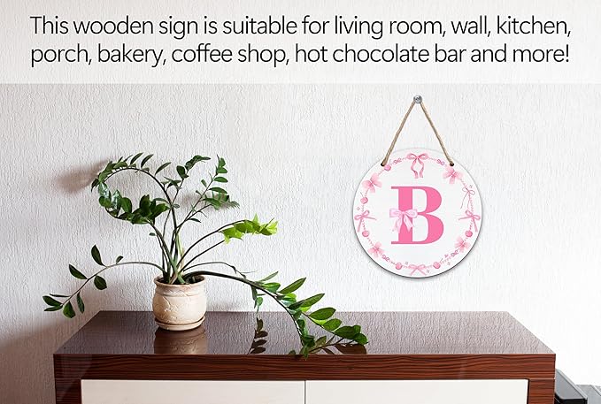 Monogram Round Sign For Front Door, Cherry Bow Theme Sign For Porch Art Wall Door, Initial Signs Hanging Ornament For Indoor Outdoor, Decorations Gifts For Four Seasons Rustic Home Kitchen, B, A02