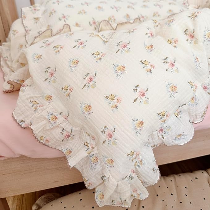 AOJIM Kids Muslin Duvet Cover with Azalea Pattern, Pure Cotton Floral Print Toddler Bedding Comforter Cover 1 Piece 47X59'', Ruffled Edges Crib Duvet Cover 2-Layer Muslin for Boys Girls, No Comforter