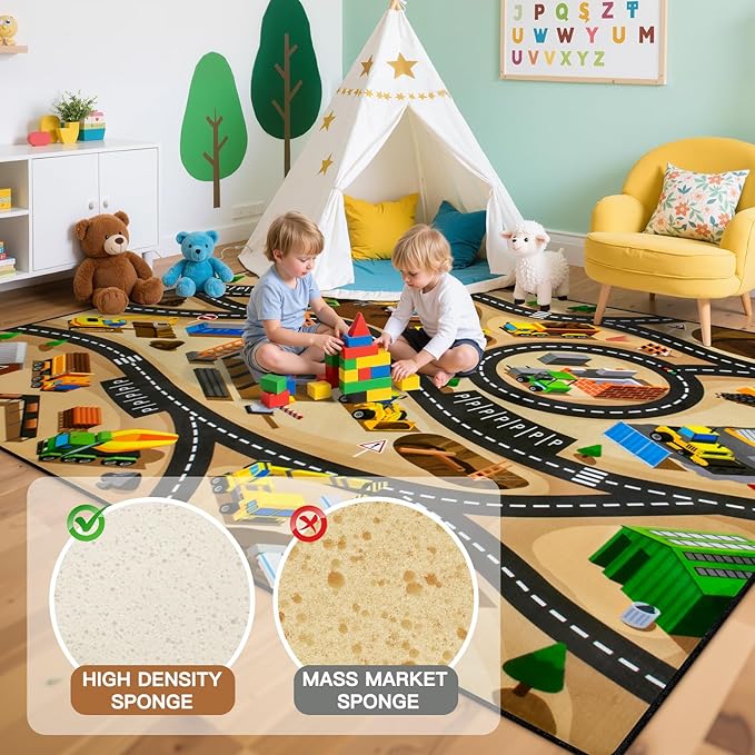 Kids 4x6 Ft Construction Site Car Rug - Extra Thick (0.4in),Tufted Wool & Rubber, Non-Slip, Stain & Fade Resistant, Machine Washable, Rustic Cartoon Construction Site Pattern