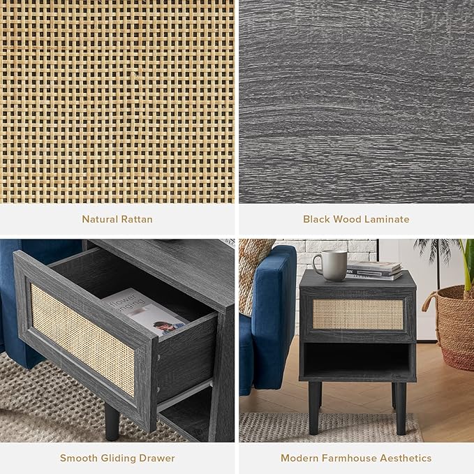 mopio Haylee Rattan Side Table, Small Accent Tables for Living Room, Mid Century Modern Night Stand, Bedside Tables, Wood Nightstands for Bedroom (Black, Single)