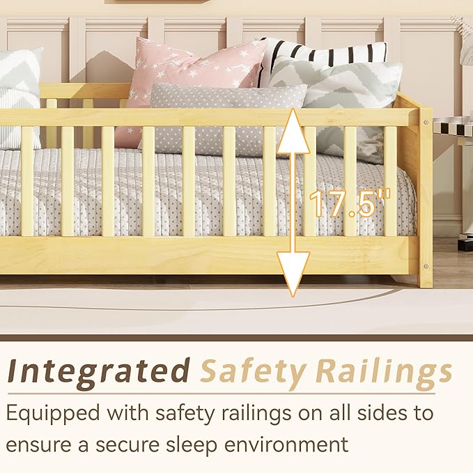 Twin Toddler Floor Bed with High Rails, Wooden Montessori Bed Frame with Door & Built-in Book Rack, Twin Size Bed Frame for Kids, Boys and Girls, Natural