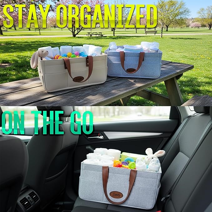 Felt Diaper Caddy Organizer, Portable Nursery Basket for Diapers, Caddy for Baby Stuff Storage, Baby Shower Must Haves Gift, Grey Felt for Changing For Car, Long Handles (Grey Majesty)