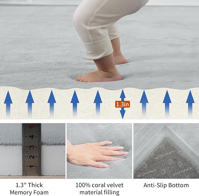 ACOMOPACK Baby Play Mat for Floor,1.3" Thick Memory Foam Area Rug for Living Room,Soft Velvet Crawling with Non-Slip Bottom for Kid,Toddler,71"×79" Tummy Time Nursery Rugs,Yoga（Light Grey）