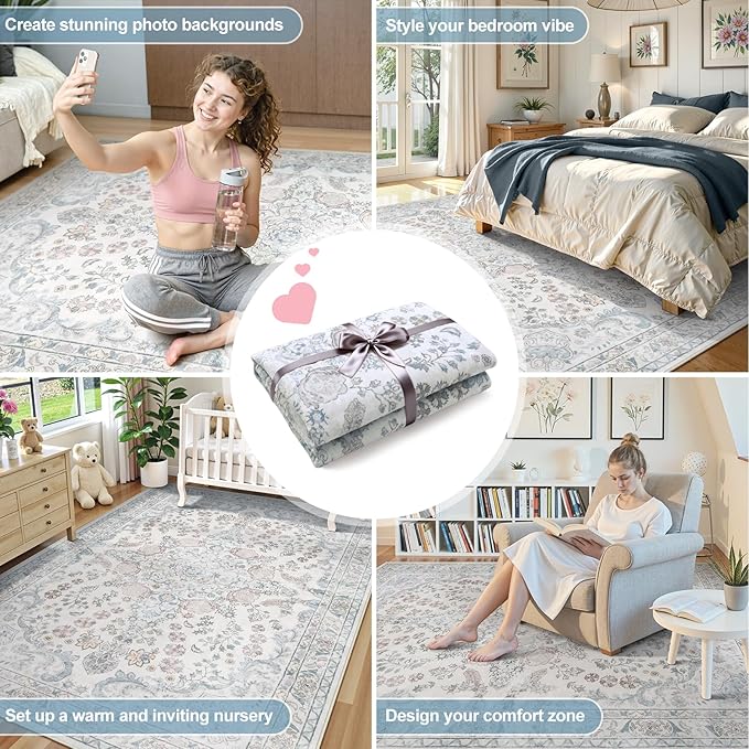 Wonnitar Floral 8x10 Washable Rug, Blue Rug for Bedroom Nursery Decor, Ultra-Thin Large Non-Slip Soft Boho Vintage Distress Print Carpet for Living Room Kids Playroom Office