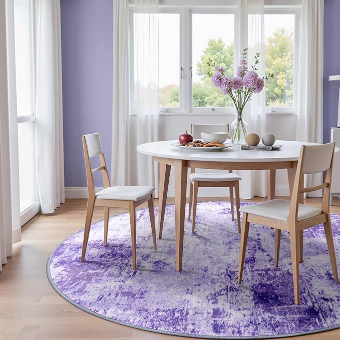 Washable Area Rugs 4ft Non-Slip Modern Abstract Soft for Living Room Entryway Bedroom Nursery, Print Pattern, Purple Gray Pink White