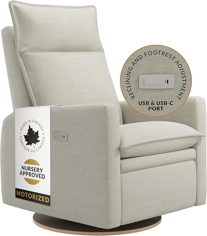 Arya Modern Nursery Chair Glider Recliner with 180° Swivel - Cozy Motorized Reclining Nursing Chair with USB Ports, Gentle Motion, Ergonomic Design, Canadian-Made (Sand/Como Fabric)