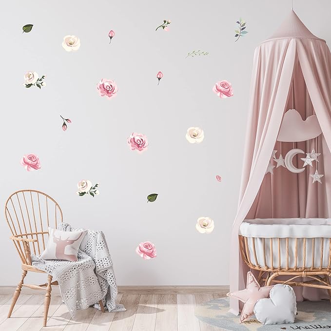 Decalcomania Flower Wall Decals - Set of 19 Pink White Rose Floral Bouquet Wall Stickers for Nursery Bedroom Living Room Decor Removable Peel and Stick Indoor Wall Decor