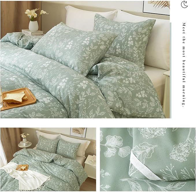 3 Piece Duvet Cover King Size Green Floral Soft 100% Cotton Garden Botanical Bedding Set for Women Girls Aesthetic King Bed Comforter Cover with 2 Pillowcases,Chic,Lightweight