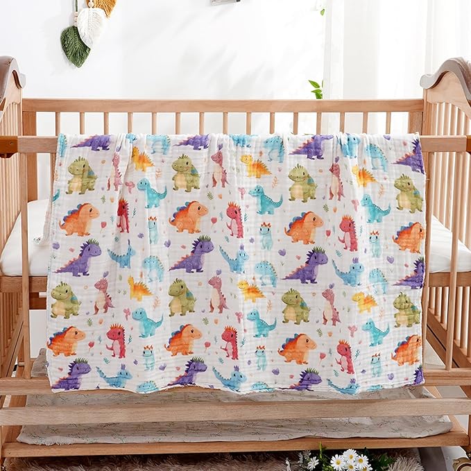 Muslin Swaddle Blankets 6-Layer Cotton Baby Blankets for Boys & Girls 43"X43"Inches Receiving Blankets,Soft Skin-Friendly Baby Crib Blanket,Breathable Quilt Bedspread(Jurassic Dinosaurs)