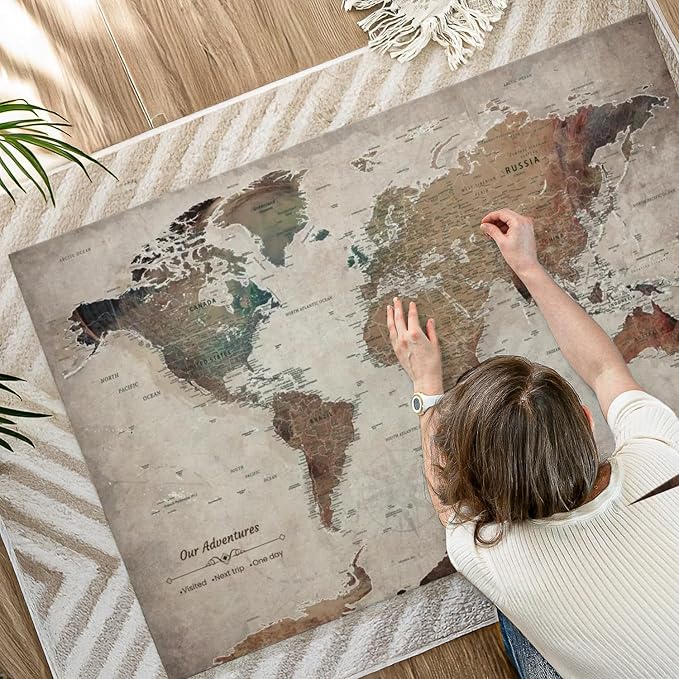 ElephantStock - Our Adventures World Map With Push Pin Iii Wall Art - Horizontal Canvas Wall Art - Living Room Wall Decor - Printmaking Map Canvas Art - Beige And Brown Decor - 51" x 34"