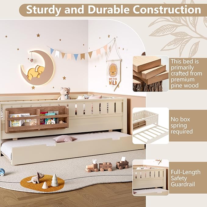 Bellemave Twin Bed with Trundle Twin and Stairs, Twin Size Platform Bed Frame with Fence and Bookshelf, Easy Assemble Beds for Kids, Girls, Boys, Beige