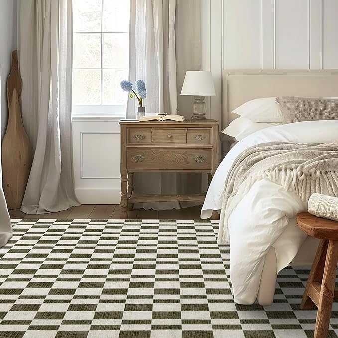 EverGrace Checkered Plaid Area Rug 8x10, Soft Fuzzy Faux Wool Rugs Washable Christmas Rugs Large Rug Carpet for Entryway Bedroom Living Room Hallway Kitchen Dining Room and Laundry Room, Olive Green