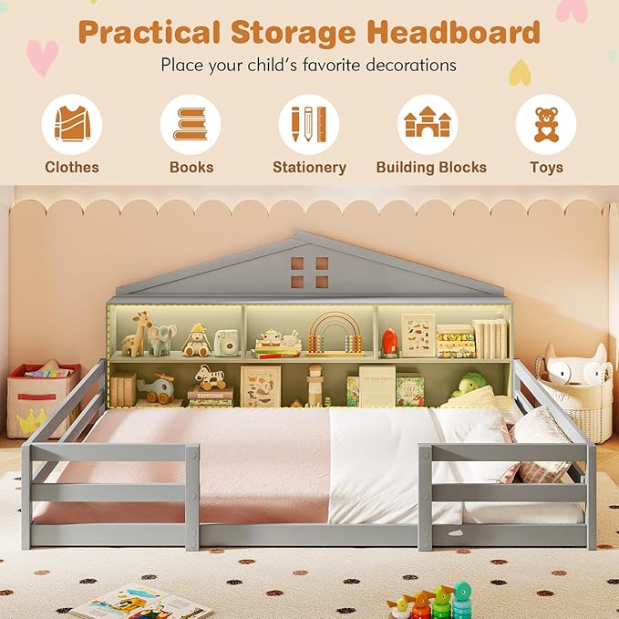 Giantex Full Size Montessori Floor Bed with LED Lights, 2-in-1 Wooden House Bed Frame with Safety Guardrails, Storage Compartments & Shelf, No Box Spring Needed, Without Slats, Gray