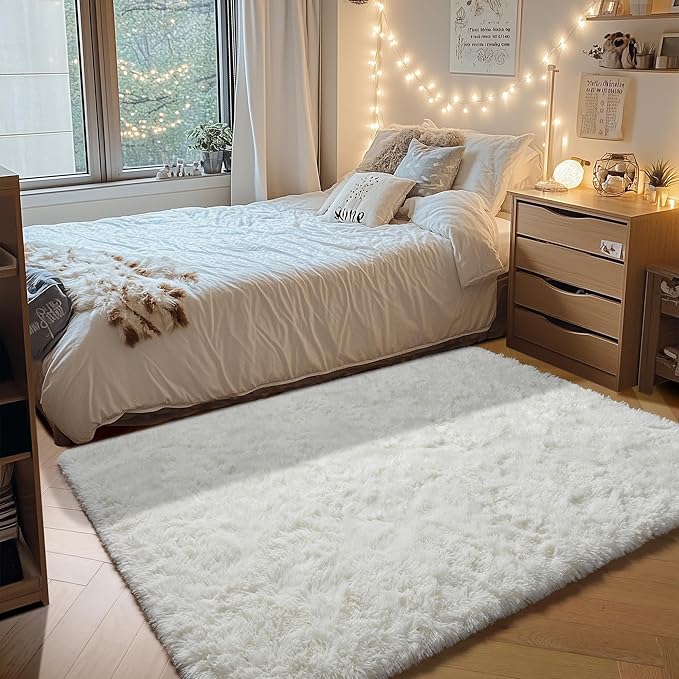 ONASAR Cream White Area Rugs for Bedroom Living Room, Washable Fluffy 4x6 Indoor Bedside Floor Throw Rug, Soft Plush Shaggy Carpet for Nursery Kids Girls Boys Teen Dorm Home Office Decor Aesthetic