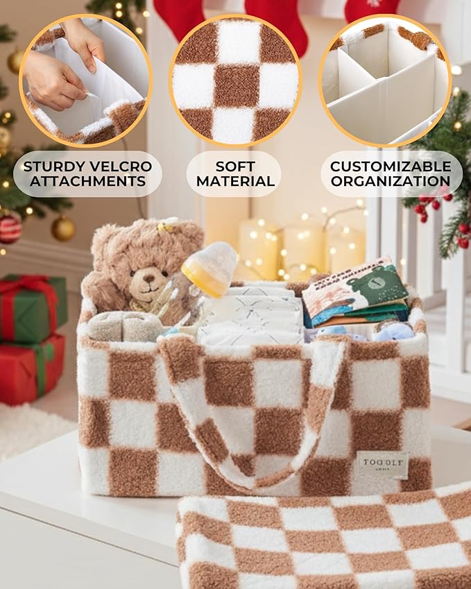Checkered Diaper Caddy Organizer with Portable Changing Mat - Teddy Fleece Diaper Organizer for Changing Table - Caddy Organizer with Removable Dividers - Light Taupe and White