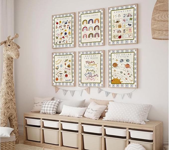 6Pcs Children Educational Numbers Canvas Wall art ABC Kids' Rooms Painting Pictures Wall Decor Toddler Rooms Learning Posters Print Artwork for Baby Room Nursery Home Decoration 12x16in Unframed