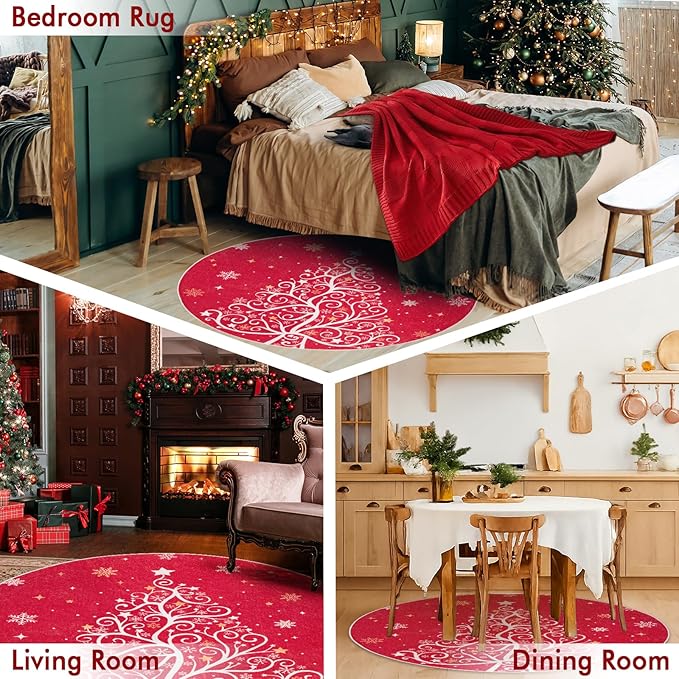 6' Machine Washable Christmas Round Area Rug, Non-Slip Vintage Floral Circle Floor Rugs for Kids, Low Pile Room Carpet for Living Room, Bedroom, Dining Room & Nursery(6' Christmas Tree)