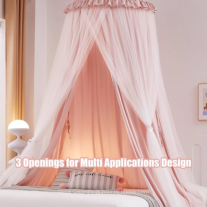 Double Layers Bed Canopy with Star Lights, 3 Pieces Layers Canopy for Girls Bed, Princess Round Dome Dreamy Play Tent, Hanging Kids Reading Nook Mosquito Net, Machine Washable - Pink