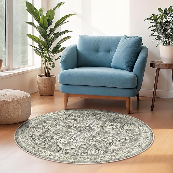 WITSHOCK Area Rug Round Rugs, 4Ft Oriental Circle Area Rugs for Living Room Machine Washable Non Slip Stain Backing Rug Soft Foldable, Vintage Rugs Home Office Kitchen Hallway Bedroom, Brown Lvory
